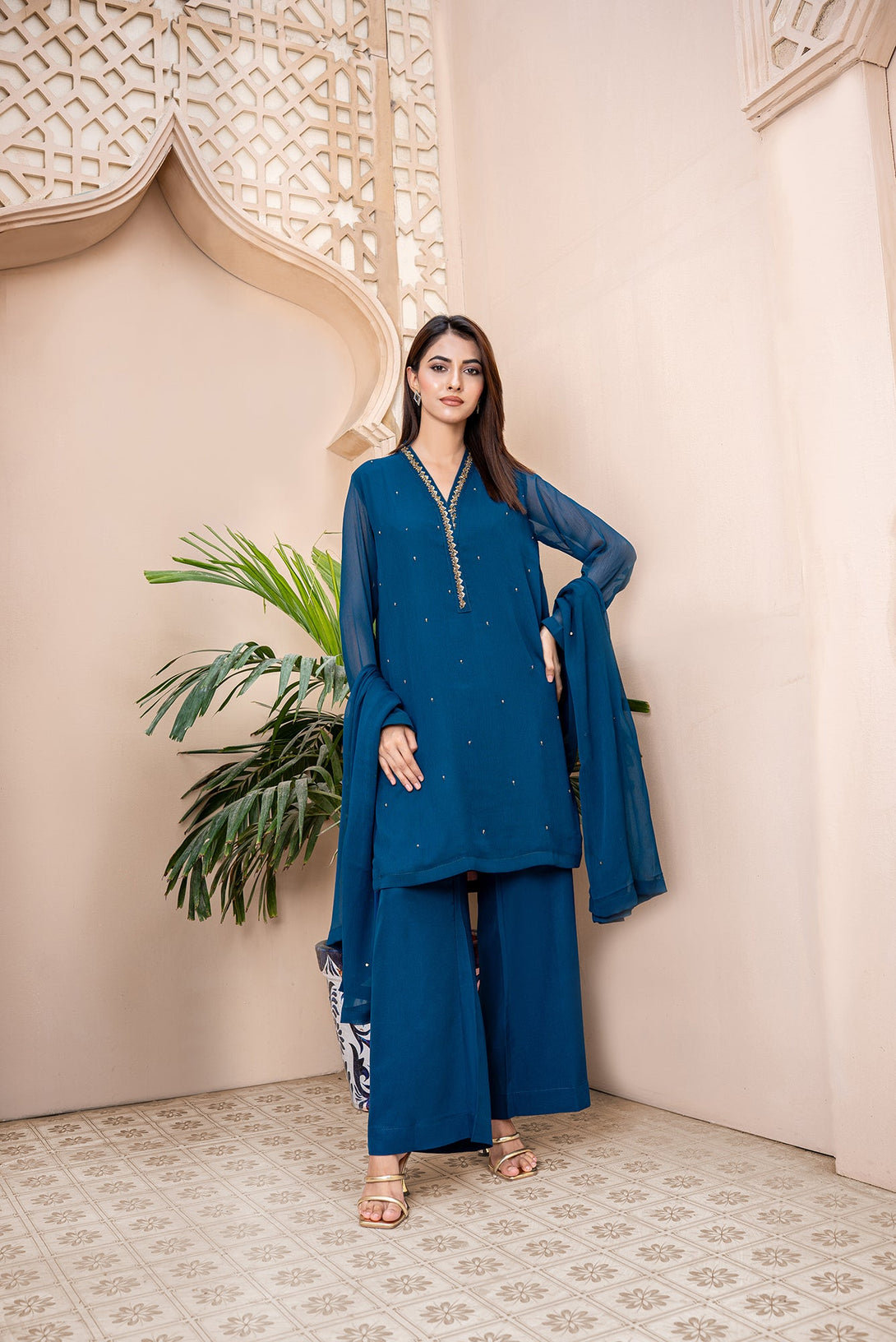 Classic Teal Blue Embroidered stitched 3-piece Sheep