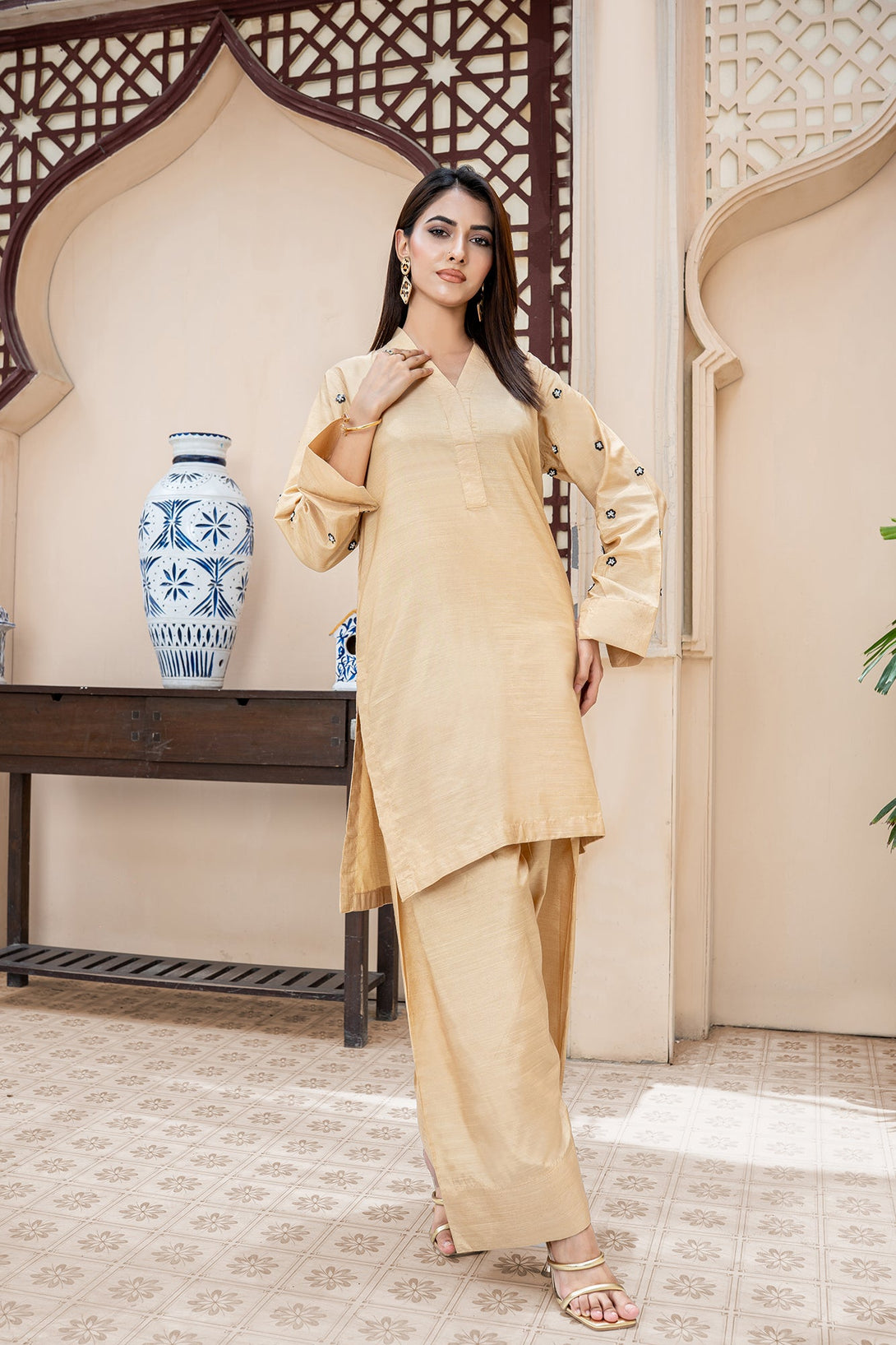 Classic Mustard Hand-Embroidered stitched 2-piece Sheep