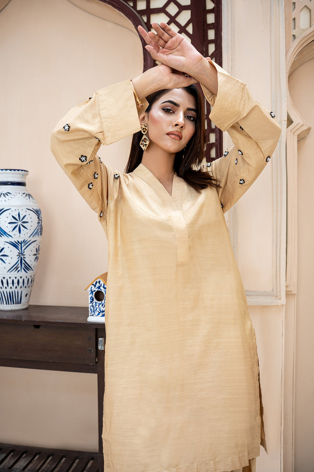 Classic Mustard Hand-Embroidered stitched 2-piece Sheep