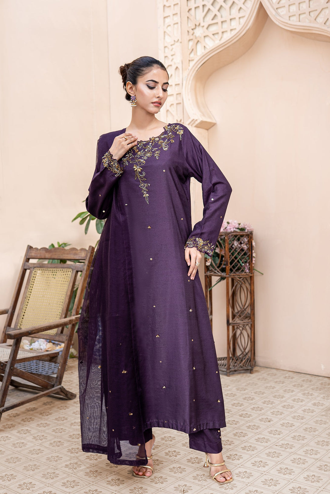 Classic Plum Hand-Embroidered stitched 3-piece Sheep