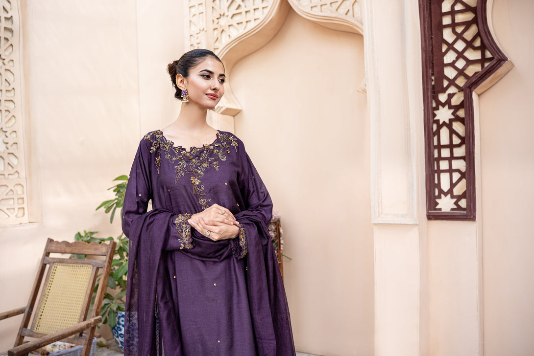Classic Plum Hand-Embroidered stitched 3-piece Sheep