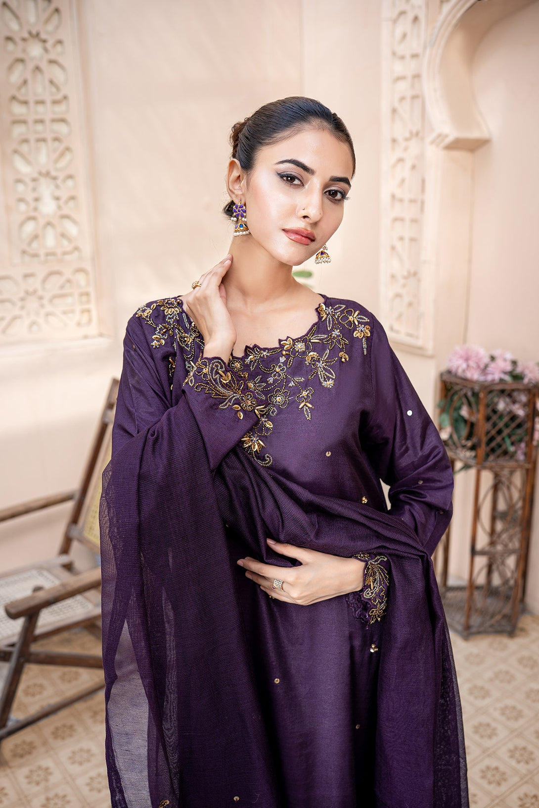 Classic Plum Hand-Embroidered stitched 3-piece Sheep