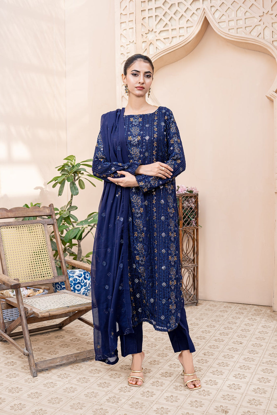 Classic Navy Blue Embroidered stitched 3-piece Sheep