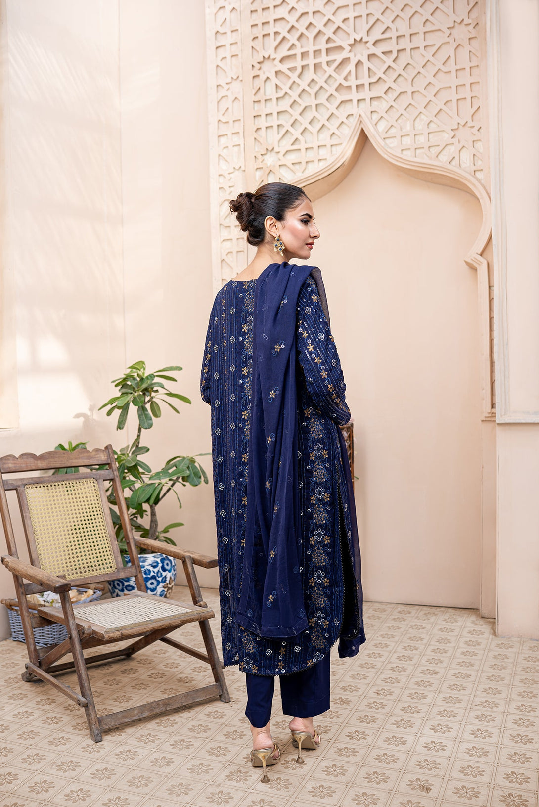 Classic Navy Blue Embroidered stitched 3-piece Sheep