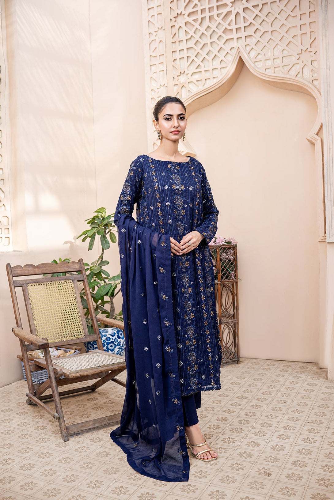 Classic Navy Blue Embroidered stitched 3-piece Sheep