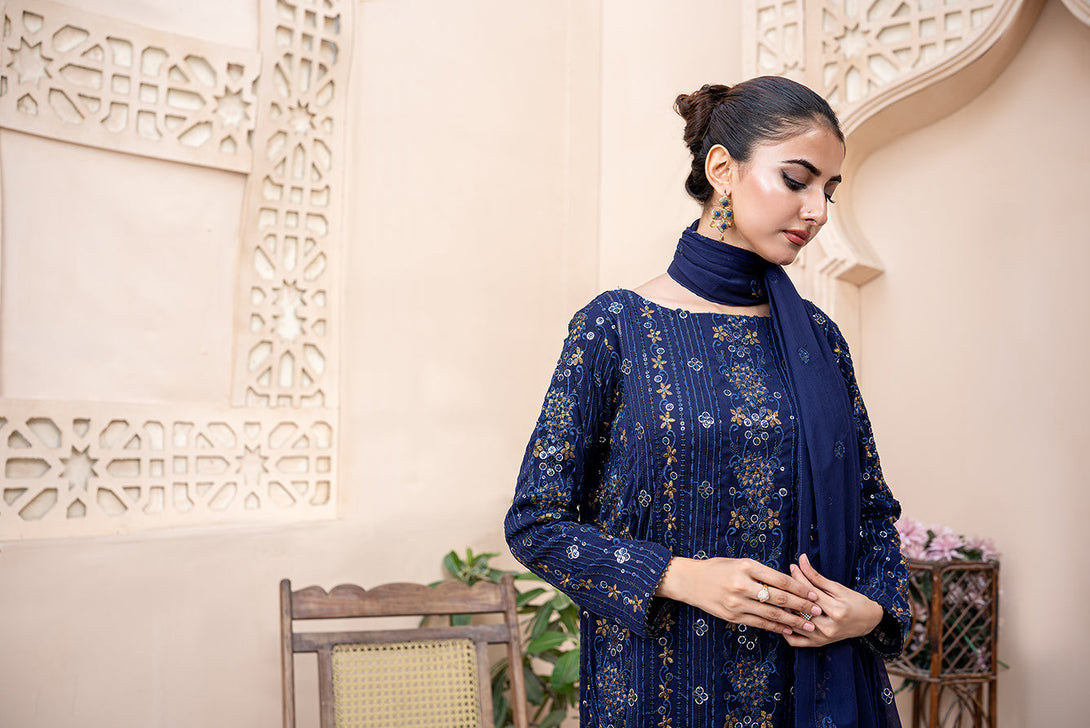 Classic Navy Blue Embroidered stitched 3-piece Sheep