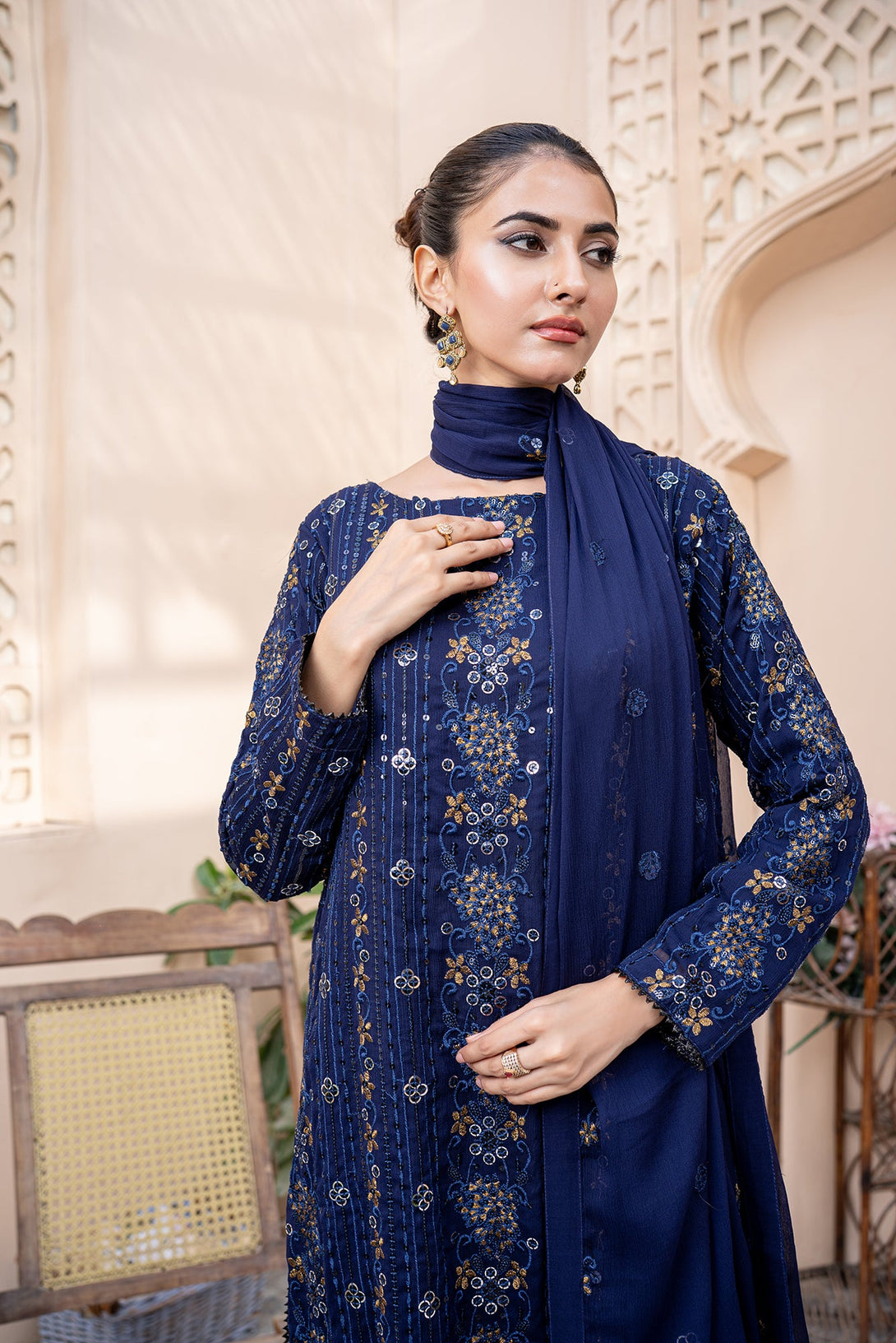 Classic Navy Blue Embroidered stitched 3-piece Sheep