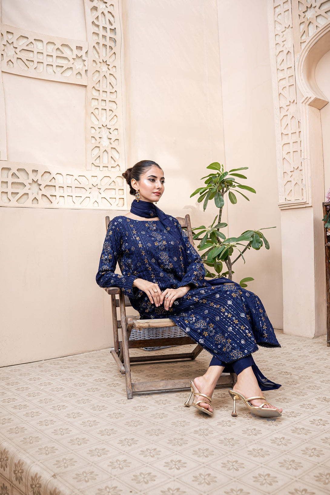 Classic Navy Blue Embroidered stitched 3-piece Sheep