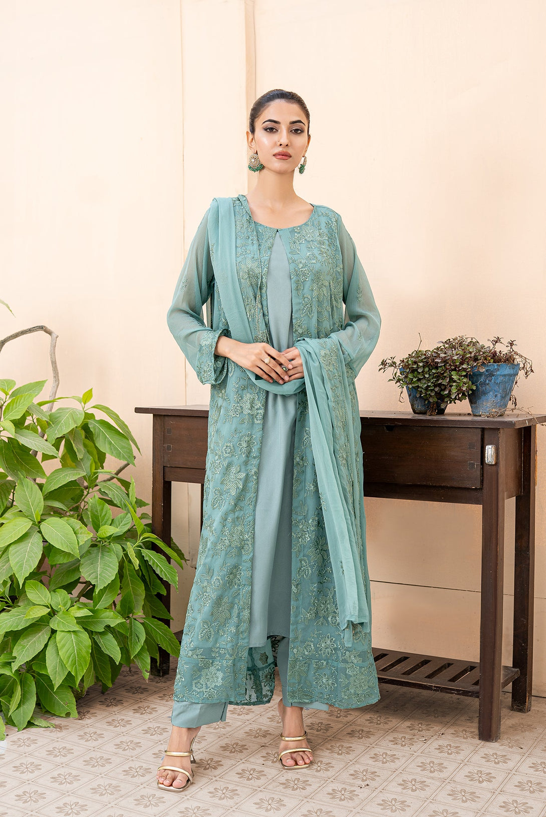 Classic Ash Green Embroidered stitched 3-piece Sheep